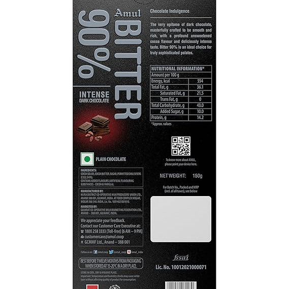 Bitter Chocolate 90%/Amul/150gms